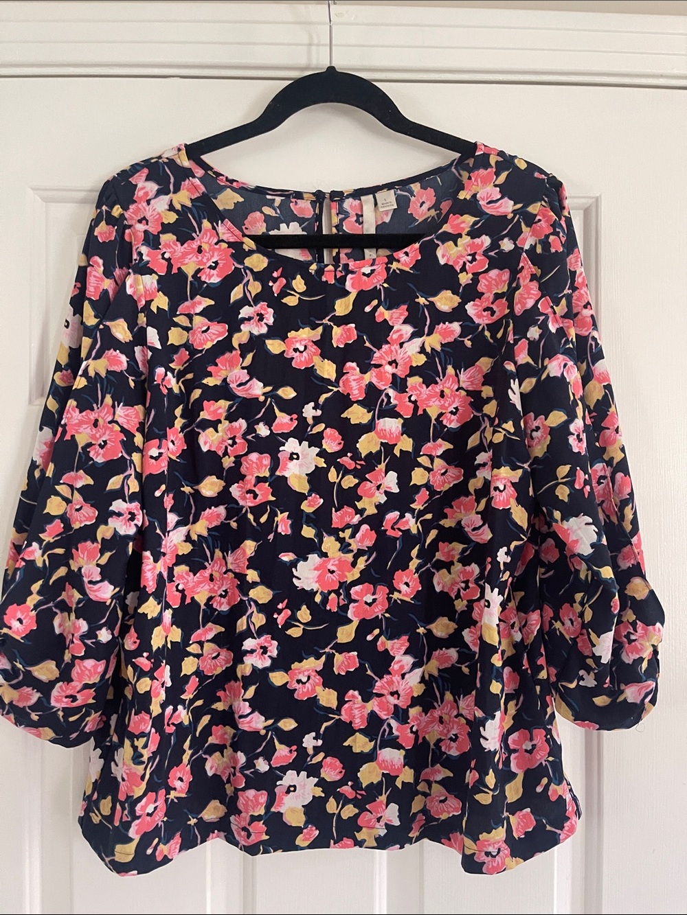 LC Lauren Conrad Navy Blouse with Pink Floral Print